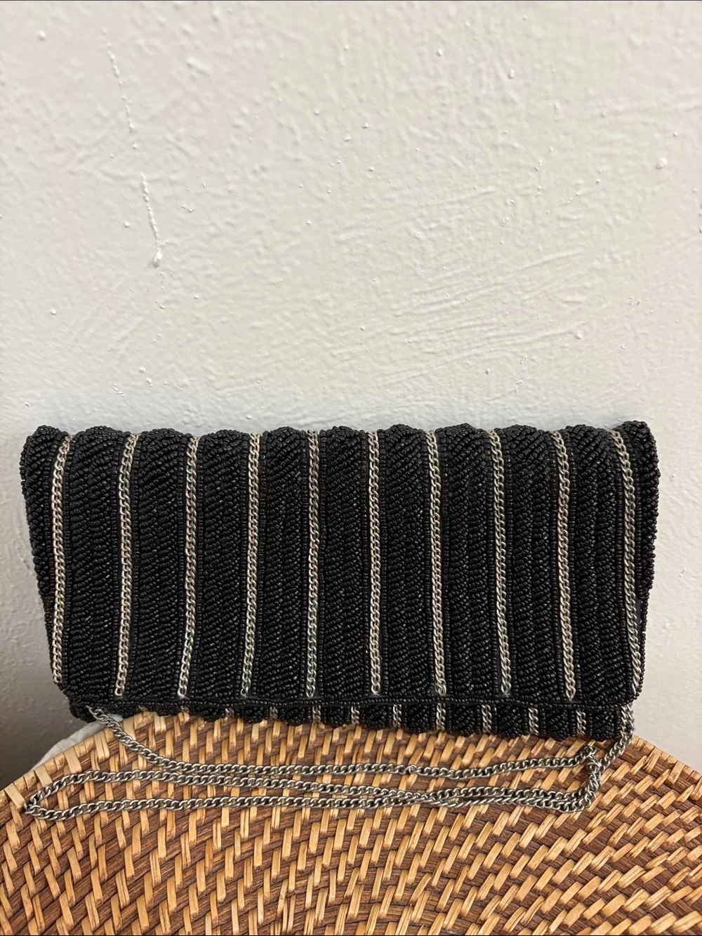 From St Xavier Beaded Striped Evening Clutch Handbag Chain Strap Black Silver